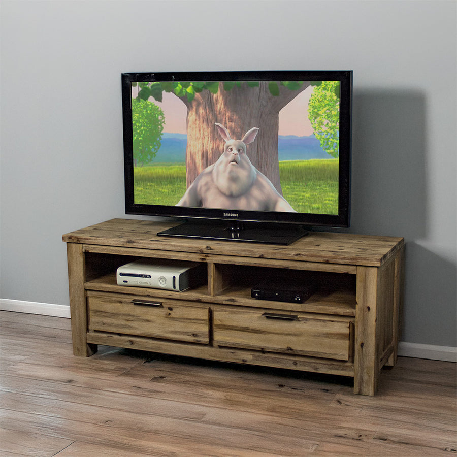 The front of the Mars Medium TV Unit, with a TV on top, a gaming console and a DVD player in the two shelves below.