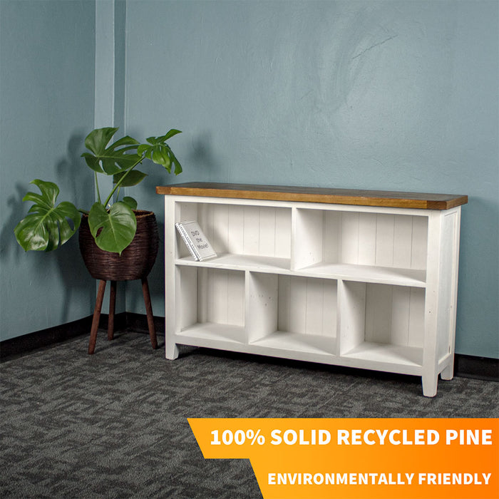 Front view of the Tuscan Recycled Pine Low Bookcase. There is a standing potted plant to the left of it, and two DVD cases on the top left shelf.