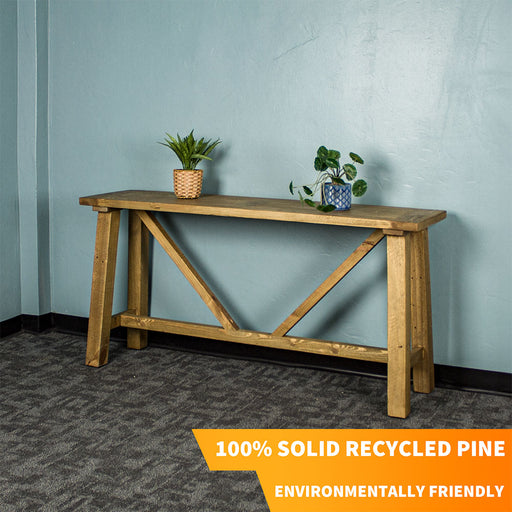 Front of the Ventura Recycled Pine Hall Table. There are two potted plants on top.