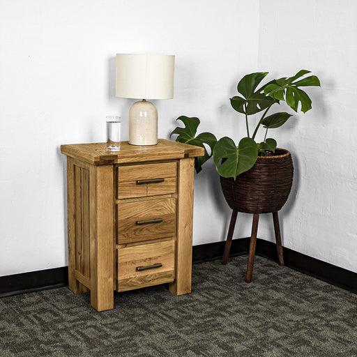 An overall view of the Camden 3 Drawer White Oak Bedside Table. There is a glass of water and a lamp on top. There is a free standing potted plant next to the bedside table.
