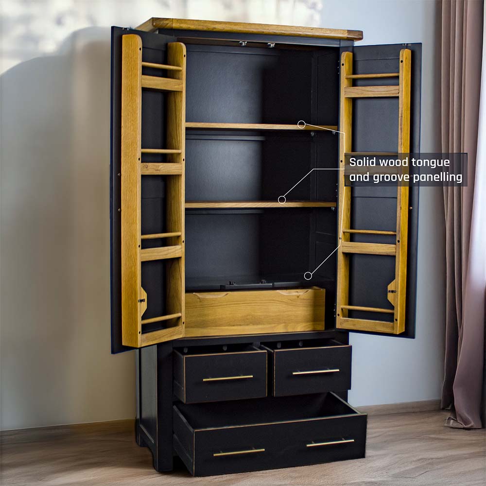 The front of the Cascais Oak-top Kitchen Cabinet with its doors open.