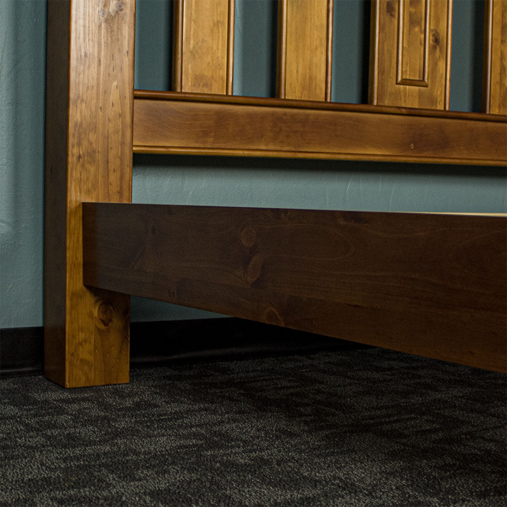 Close up of the side rail on the Rimu stained Jamaica Queen Size Slat Bed Frame