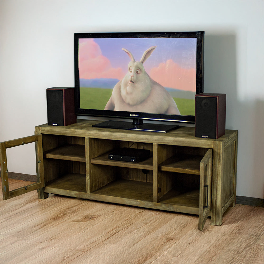 The front of the Vancouver 2 Door Entertainment Unit / TV Unit with its doors open. There is a large TV on top with two speakers on either side. There is a DVD player on the top shelf in the middle of the unit.