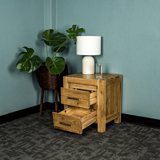 The front of the Amalfi 2-Drawer Oak Bedside with its drawers open. There is a free standing potted plant next to it. There is a lamp and a small glass of water on top.