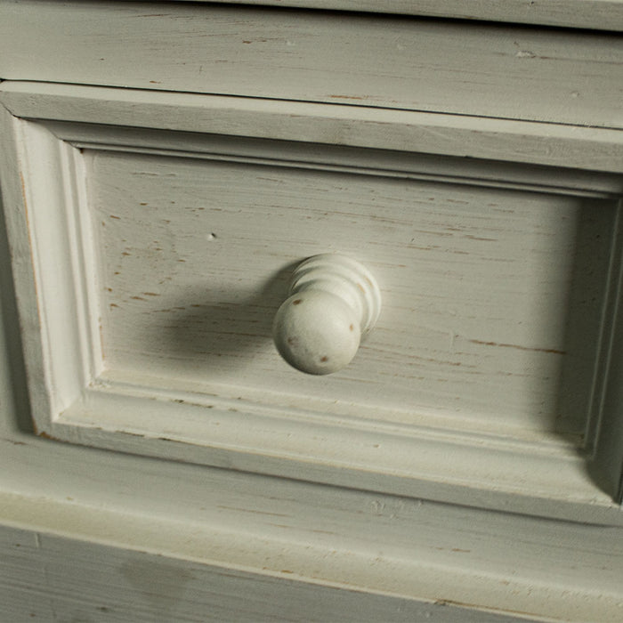 Close up of the door handle style handle on the doors and drawers of the Tuscan Recycled Pine Buffet.