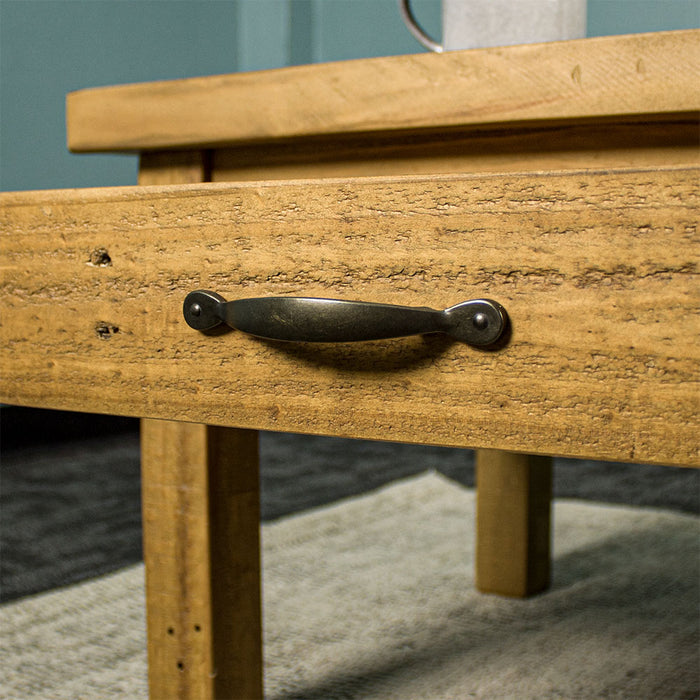Close up of the black metal handle on the Ventura Recycled Pine Coffee Table