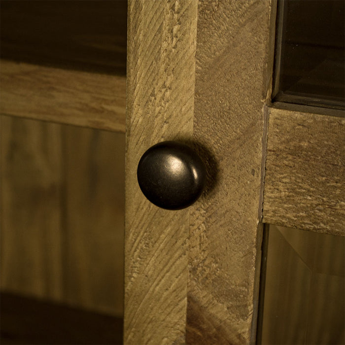 A close up of the dark gold coloured door handles on the Ventura Recycled Pine Display Cabinet