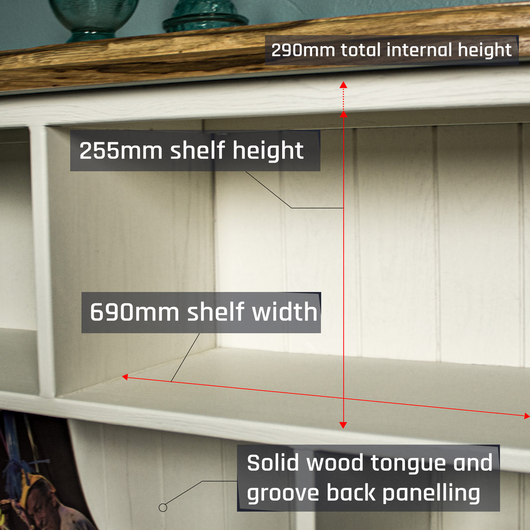 A closer up of the shelf inside the Versailles Outback Oak Bookshelf (Off White).