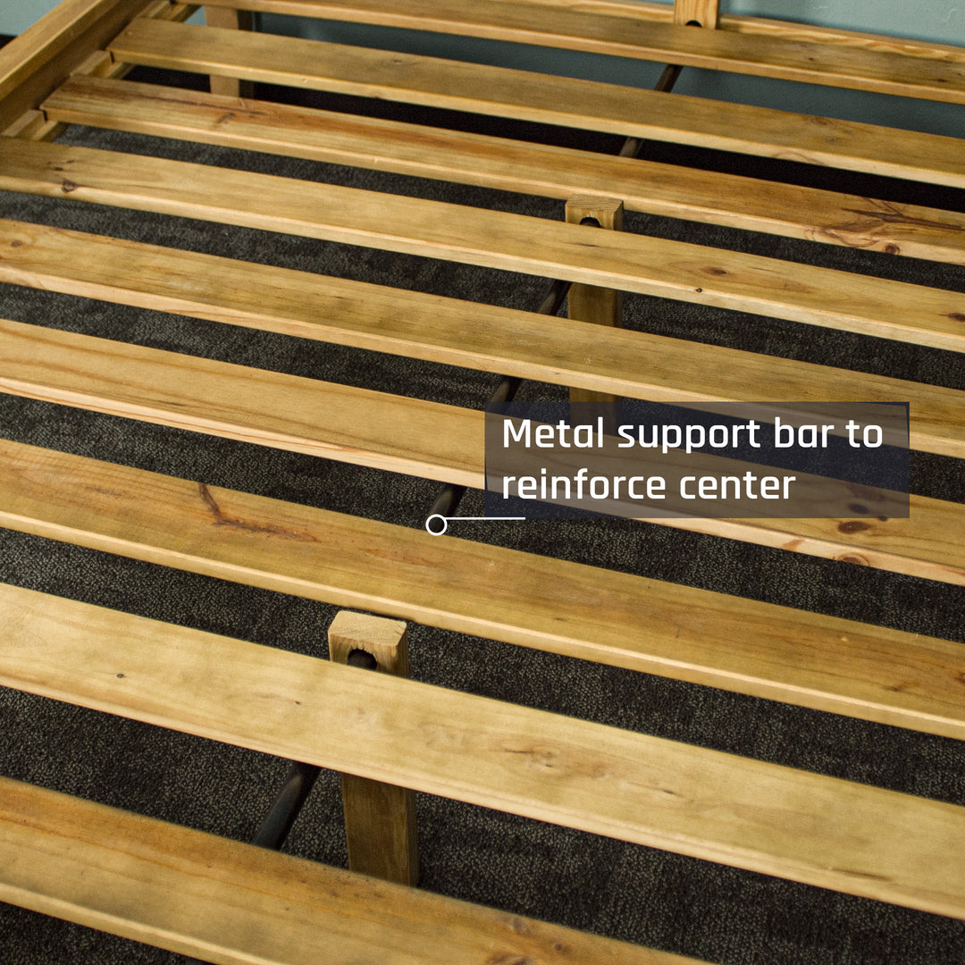 A close up of the slats and support beam on the Ormond Oak Double Bed Frame.