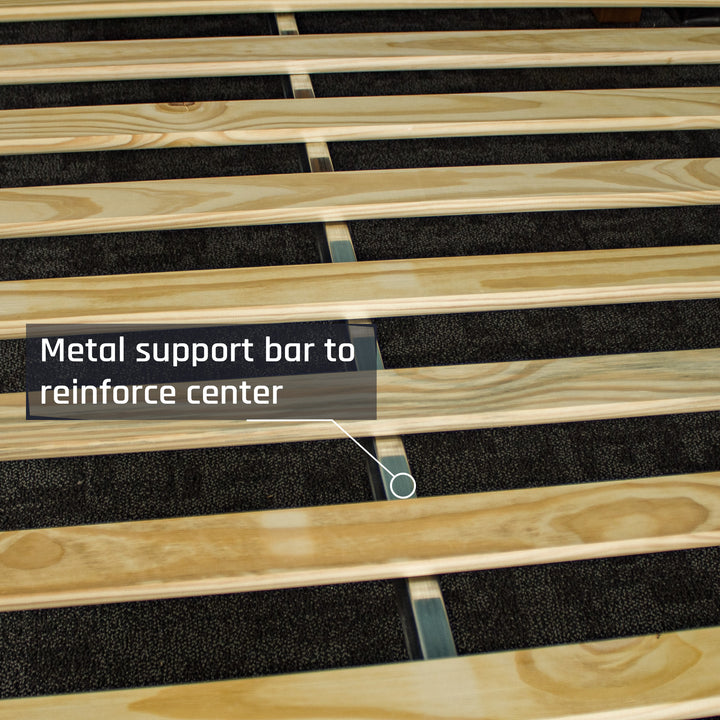 A closer view of the metal support beam that runs underneath the slats of the Trent Queen Size NZ Pine Slat Bed Frame.