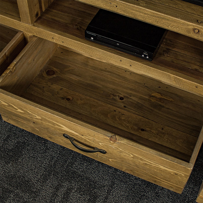 An overall view of the drawer on the Ventura Recycled Pine Large TV Unit.