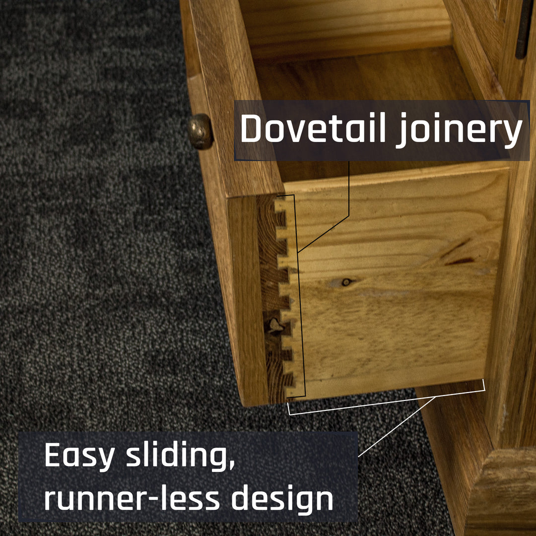 The side of the drawer on the Versailles Small Display Cabinet, which has strong dovetail joinery.