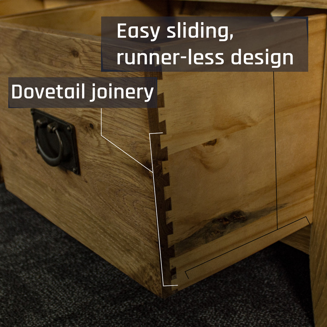 A closer view ofthe dovetail joinery on the drawer of the Vienna Oak Glass DIsplay Cabinet.