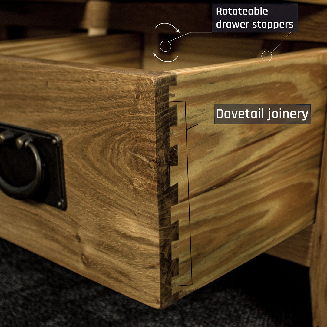A close up of the dovetail joinery on the drawers of the Yes 2 Door 4 Drawer Glass Display Cabinet.
