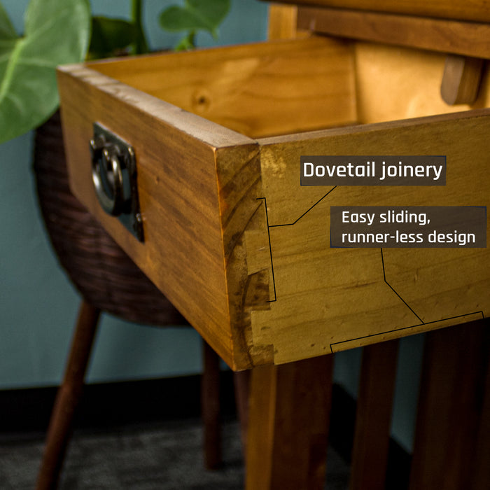A close up of the dovetail joinery on the drawers of the Montreal Small Pine Hall Table