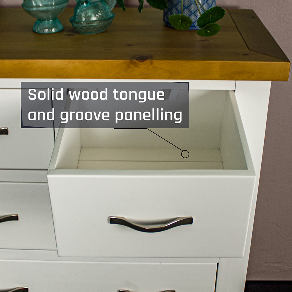 An overall view of the smaller top drawer on the Felixstowe 5 Drawer Pine Tallboy