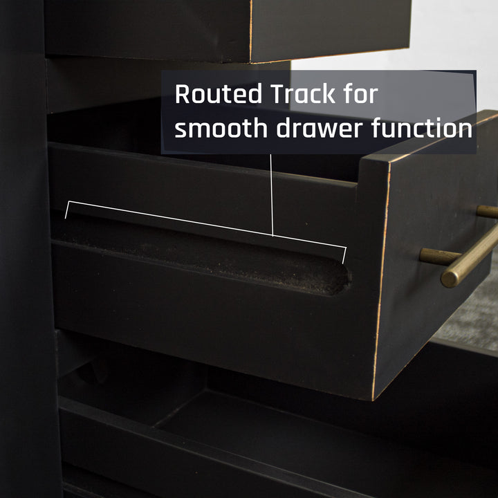 A close view of the free flowing runners on the Cascais 3 Drawer Black Bedside Table.