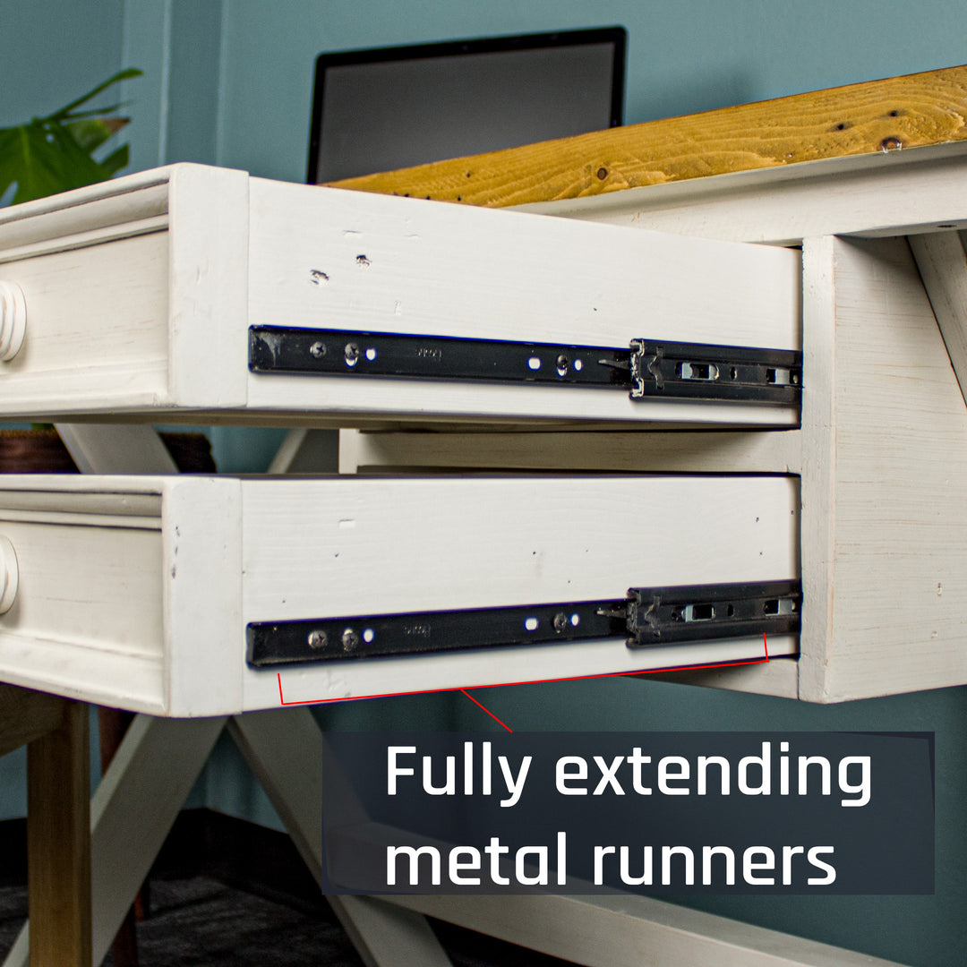 A close view of the metal runners on the Byron Recycled Pine Desk.