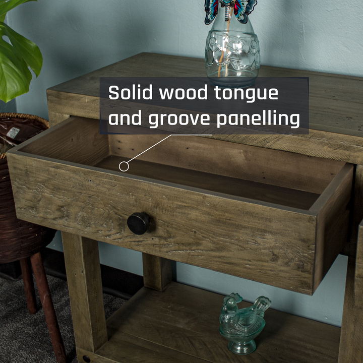 Close up of the opened drawer on the brown Stonemill Recycled Pine Hall Table.