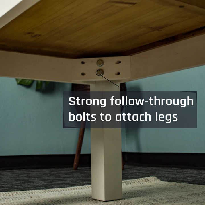 A view of the bolts that securely hold the legs of the Alton Mid Size Coffee Table to the body.
