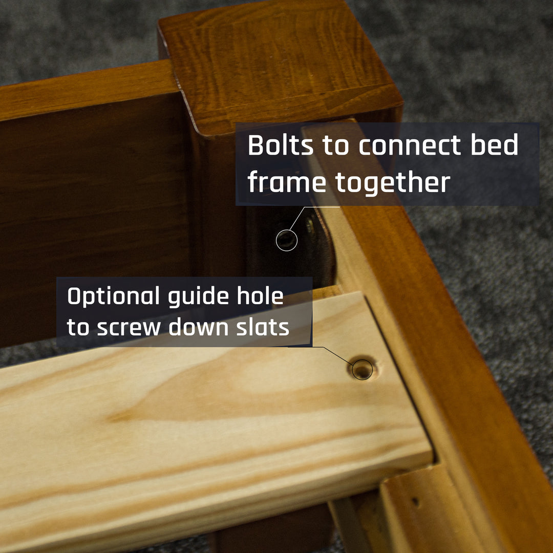 A close up of the bolts that connect the Trent Queen Size NZ Pine Slat Bed Frame together.