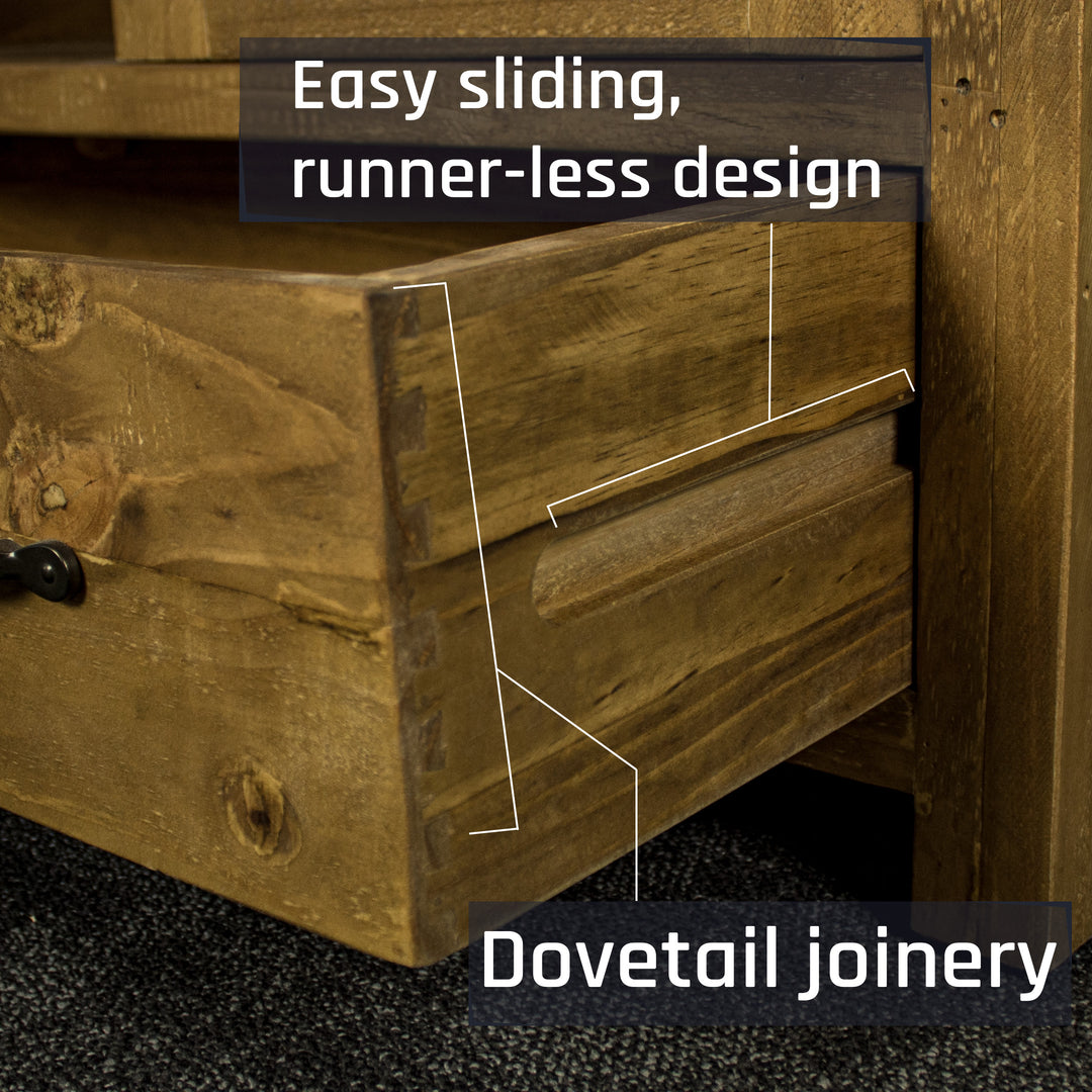 The side of the drawer for the Ventura Recycled Pine Display Cabinet, showing the dovetail joinery and smooth freestanding runners.