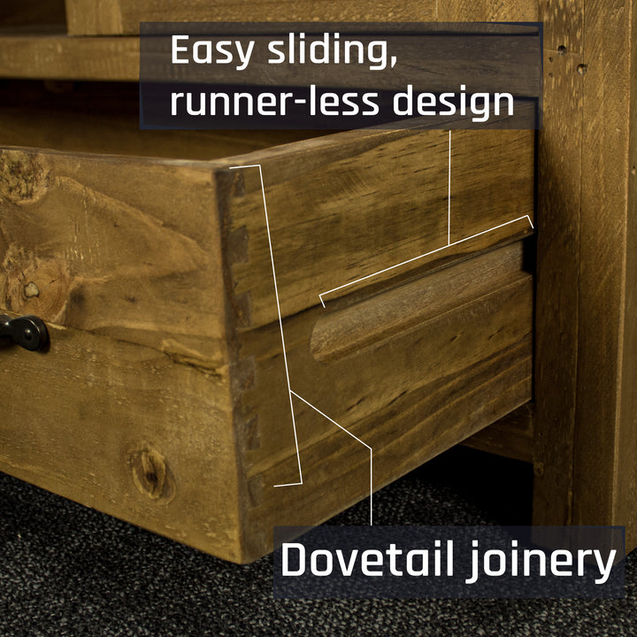 The side of the drawer for the Ventura Recycled Pine Display Cabinet, showing the dovetail joinery and smooth freestanding runners.