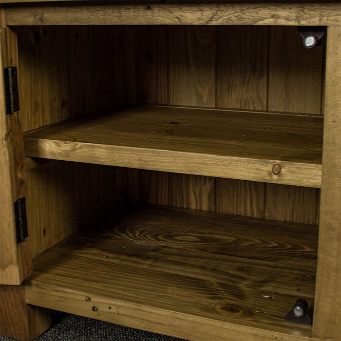A closer view of the side shelves on the Ventura Recycled Pine Medium TV Unit 
