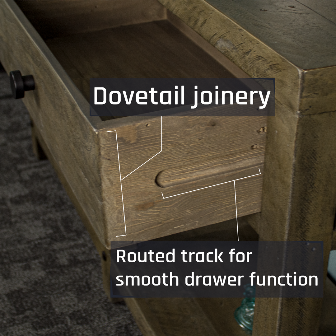 Close up of the dovetail joining on the side of the Stonemill Recycled Pine Hall Table.