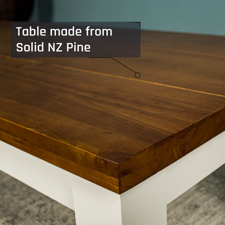 A close up of the top of the Alton Mid Size Coffee Table, showing the rimu stain and wood grain.