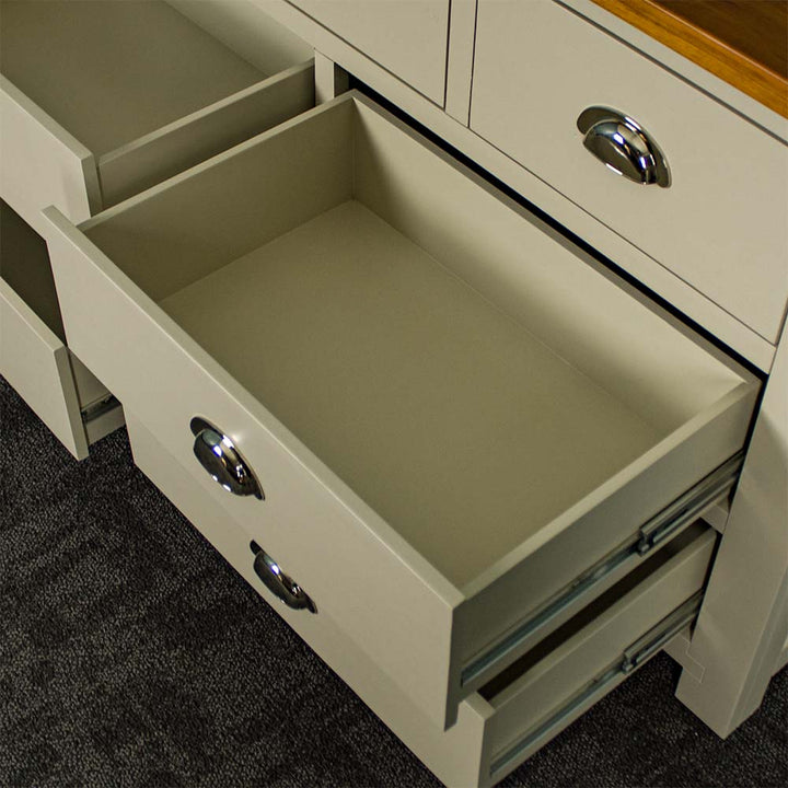 An overall view of the lower large drawers on the Alton 7 Drawer Pine Lowboy