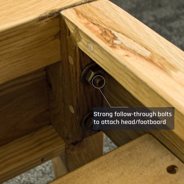 A close up of the bolts that connect the Ormond Oak Double Bed Frame together.