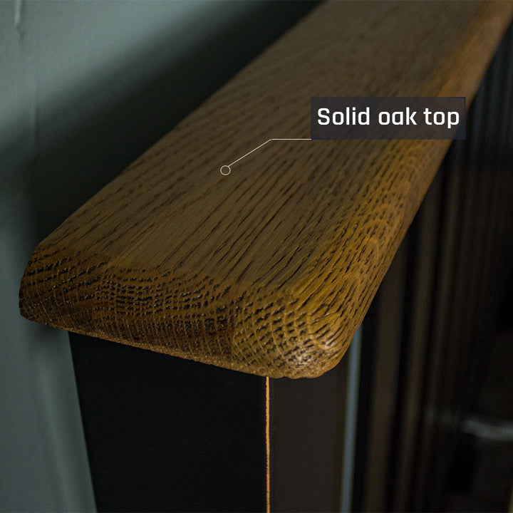 A close up of the oak top of the Cascais Queen Bed Frame, showing the wood grain and colour.