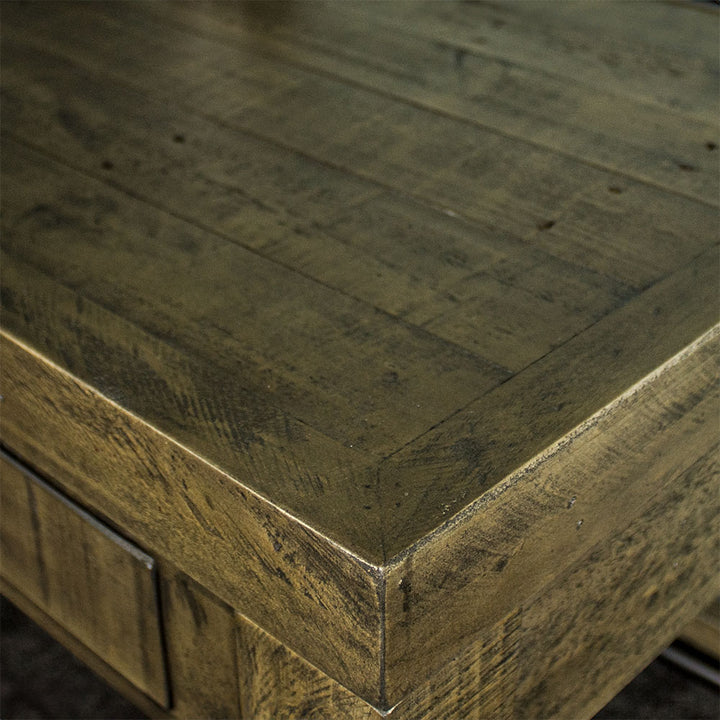 A close up of the top of the Stonemill Recycled Pine Desk showing the wood grain.