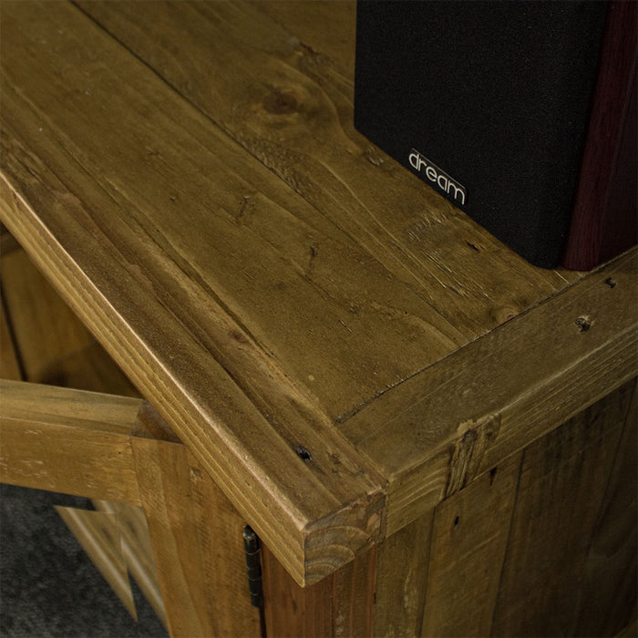 A close up of the top of the Ventura Recycled Pine Medium TV Unit , showing the wood grain.