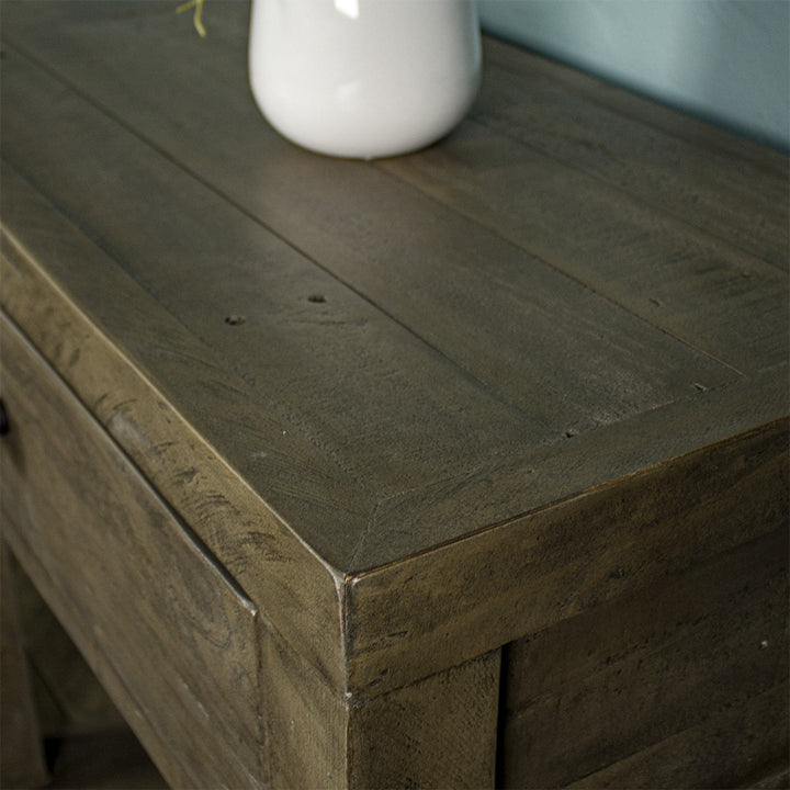 Close up of the top of the Stonemill Recycled Pine Hall Table.