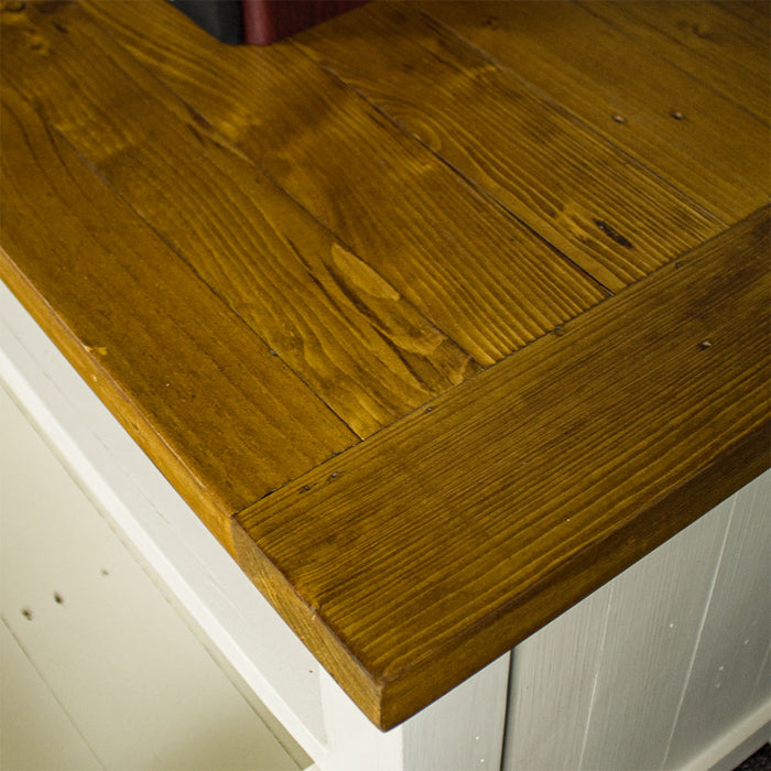 A close up of the top of the Tuscan Recycled Pine TV Unit.