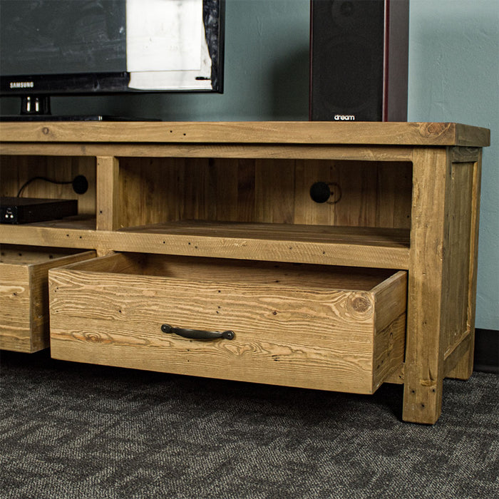 An overall view of the other shelves on the Ventura Recycled Pine Large TV Unit