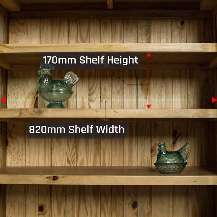 An overall view of the shelves on the Yes Oak Display Cabinet. There are two blue glass ornaments in the shape of a chicken on the two middle shelves.