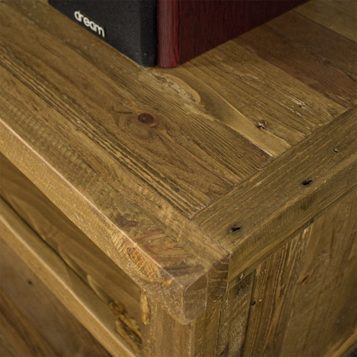 A close up of the top of the Ventura Recycled Pine Large TV Unit, showing the wood grain.