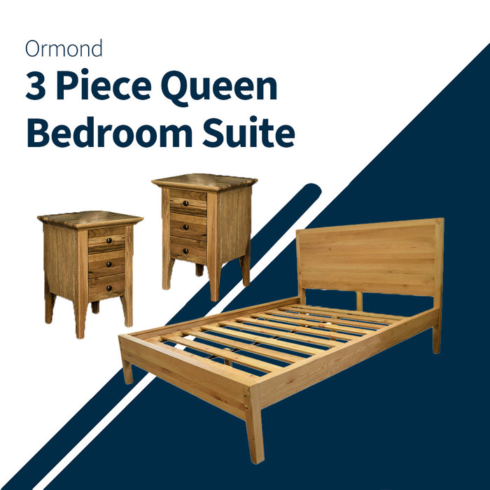 Overall of the Ormond 3 Piece Queen Bedroom Suite, showing the Ormond Oak Queen Bed Frame and two Ormond Oak 3 Drawer Bedside Tables.