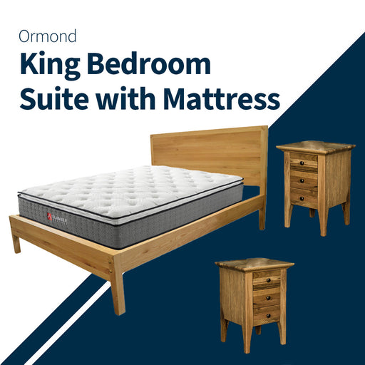 Overall of the Ormond 3 Piece King Bedroom Suite, showing the Ormond Oak King Bed Frame with Pillow Top Pocket Spring Mattress and two Ormond Oak 3 Drawer Bedside Tables.