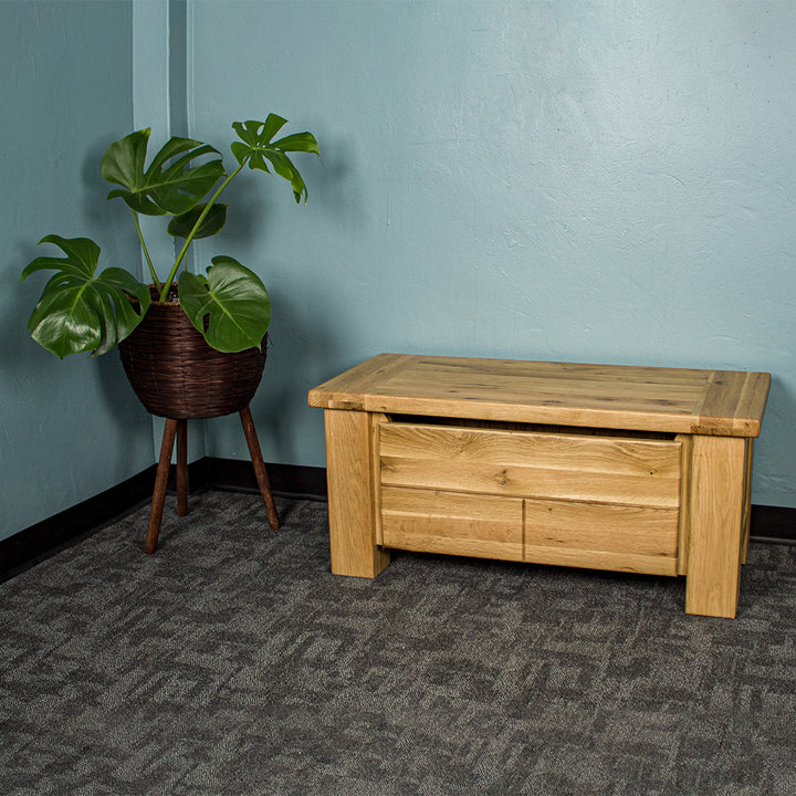 An overall view of the Camden Oak Blanket Box. There is a free standing potted plant next to it.