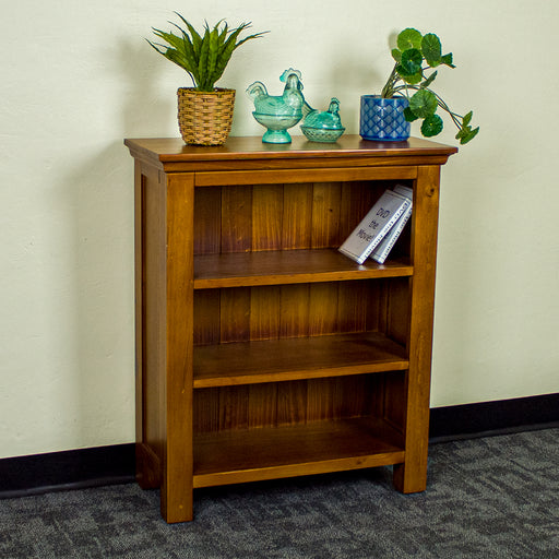 The front of the Montreal Low Pine Bookcase. There are two potted plants on top with two blue glass ornaments in between. There are two DVDs on the top shelf.