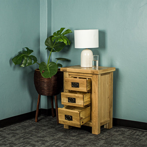 The front of the Amstel Oak Bedside Table with its drawers open. There is a free standing potted plant next to it. There is a lamp and a glass of water on top.
