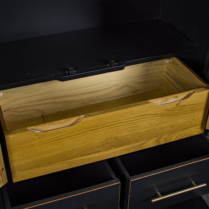 A view of the pull out wooden tray below the shelf on the Cascais Oak-top Kitchen Cabinet.