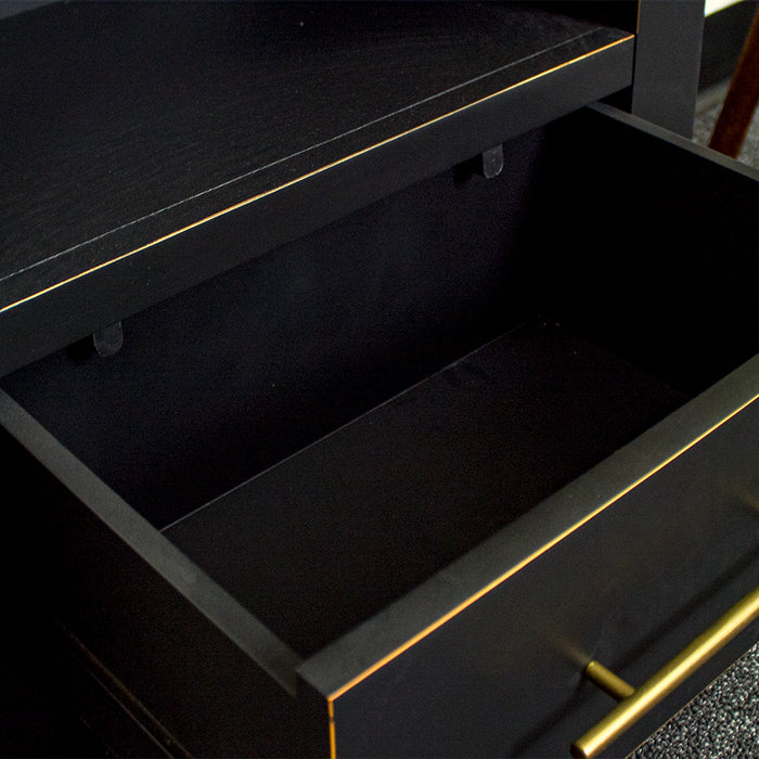 An overall view of the drawer on the Cascais Tall Black Bookcase.