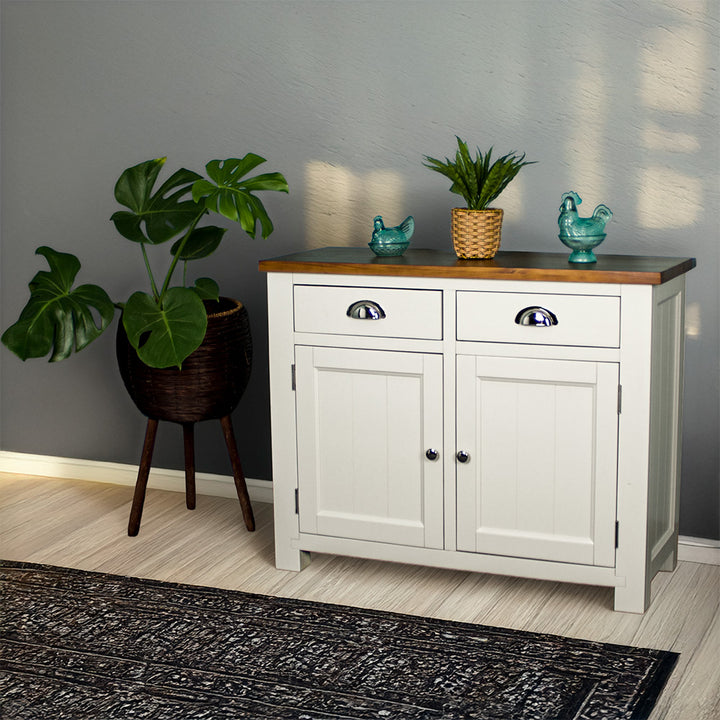 The front of the Alton 2 Door 2 Drawer NZ Pine Buffet. There are two potted plants on top with a free standing potted plant to the left of the sideboard.