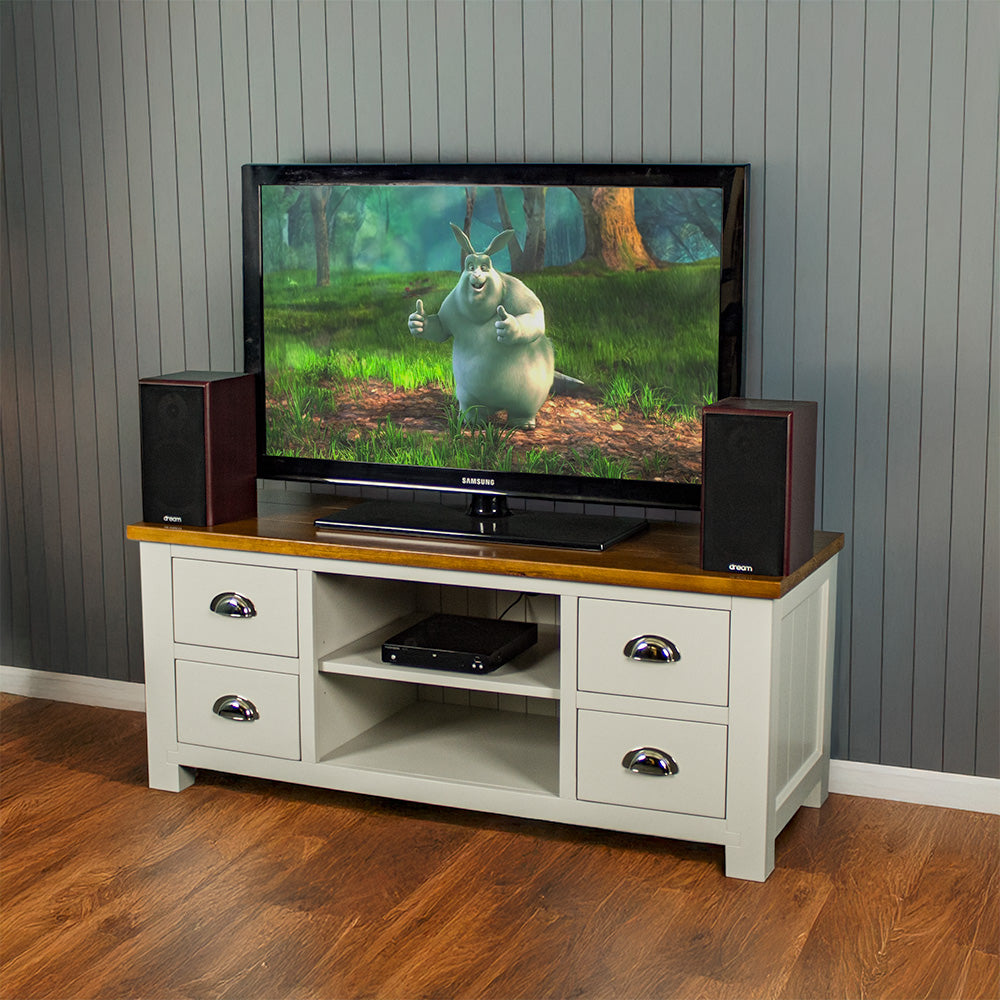 The front of the Alton Entertainment Unit, there are two speakers on top with a TV in between. There is a DVD player on the top shelf in the middle.