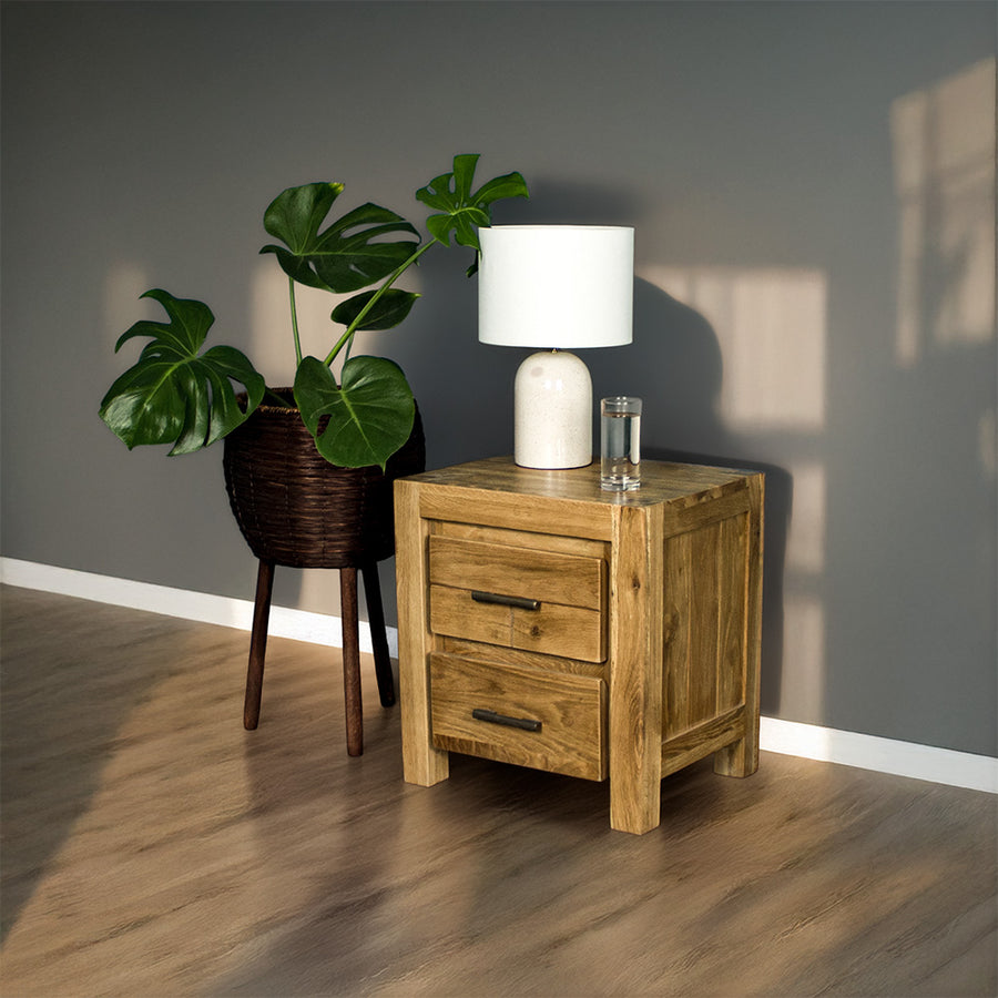 The front of the Amalfi 2-Drawer Oak Bedside. There is a free standing potted plant next to it. There is a lamp and a small glass of water on top.